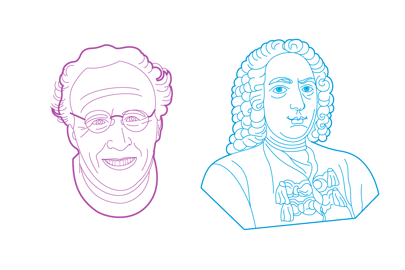 Line drawn portraits of scientists Alexandra Techet in dark blue and Evangelista Torricelli in red orange.