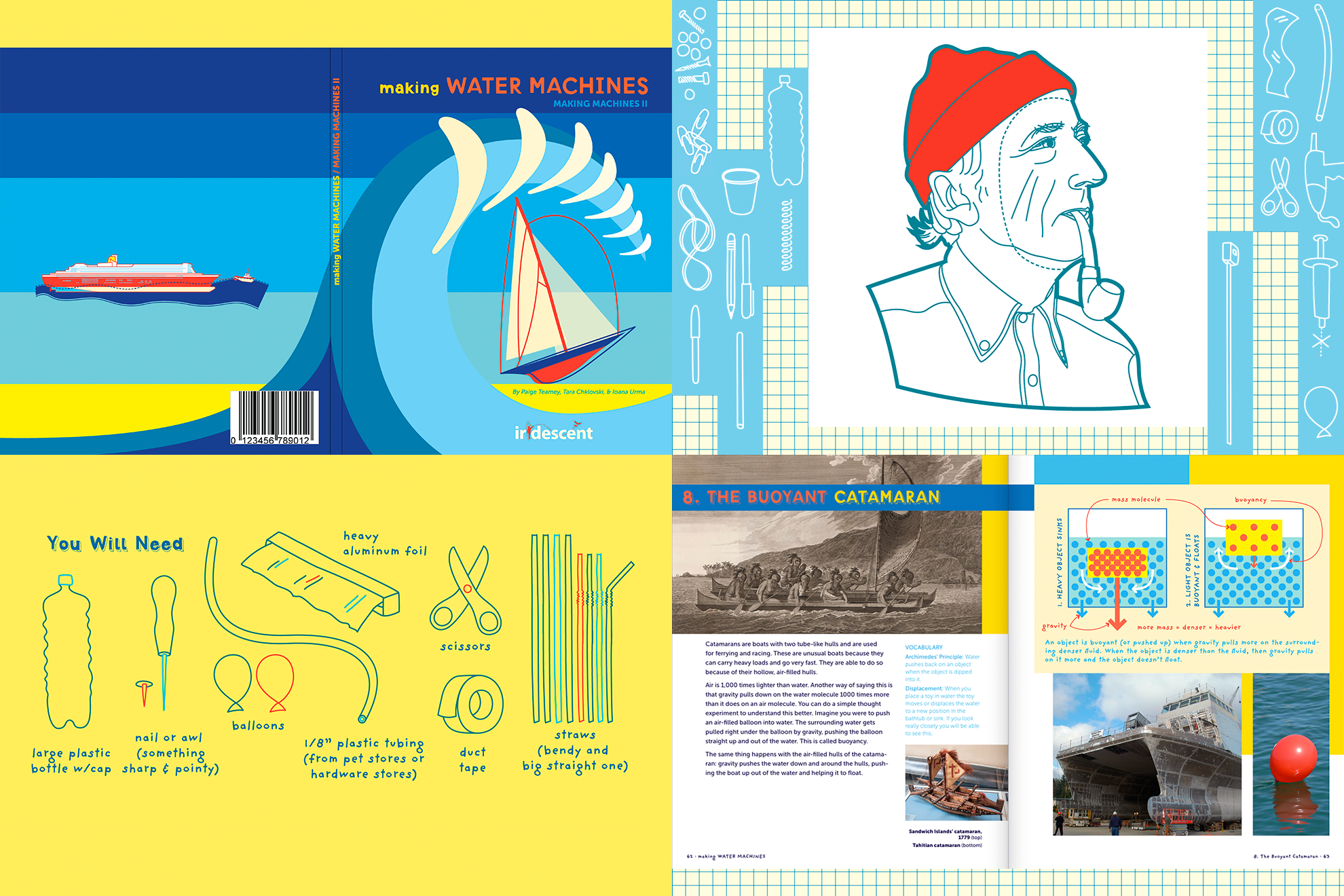 Collage of front cover of book (with abstract cartoon boats and waves), Jacques Cousteau&rsquo;s portrait as a line drawing, line drawings of household materials used in the experiments such as rubber bands, paper clips, tape, scissors, etc.
                an excerpt diagram of materials used in the experiments set against a yellow background, and the first page of Chapter 8: The Buoyant Catamaran, with historic photographs and drawings of Polynesian catamarans, plus buoyancy diagrams, and text.