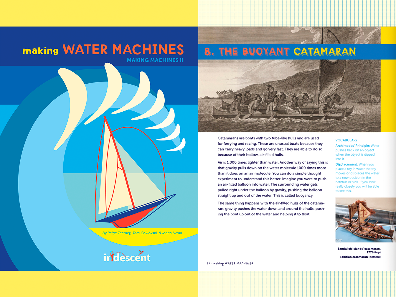 Collage of front cover of book (with abstract cartoon boats and waves), and the first page of Chapter 8: The Buoyant Catamaran, with historic photographs and drawings of Polynesian catamarans, plus buoyancy diagrams, and text. 