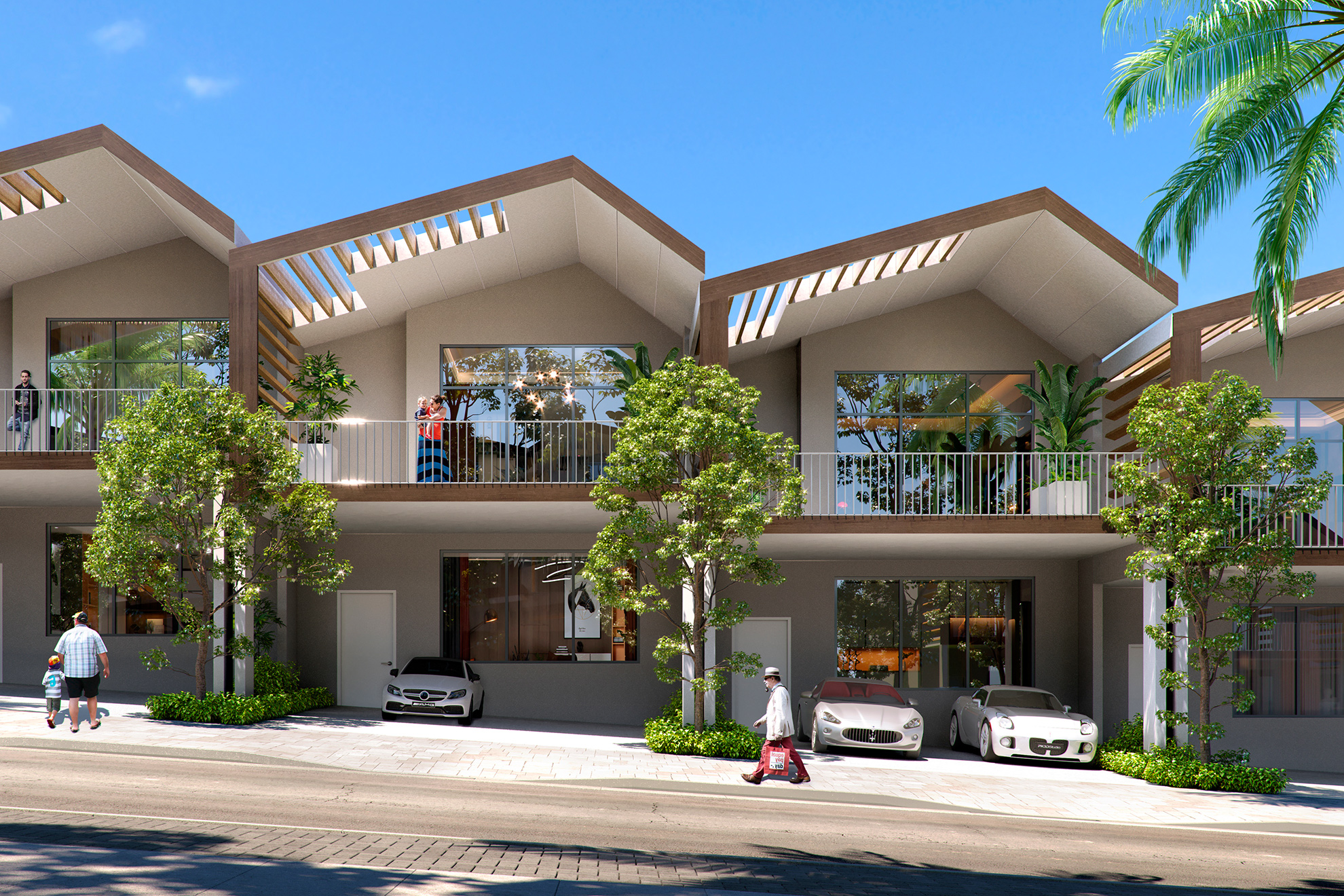 3D rendering of modern 2-story townhouses with cars parked in front, balconies, sloped A-frame roofs with exposed rafters projecting over the entry, and lots of greenery.