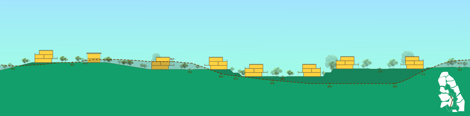 Colored cross-section through row housing on the hill and a condo tower at the bottom of the hill, showing how dirt would need to be moved around to make the slopes work.