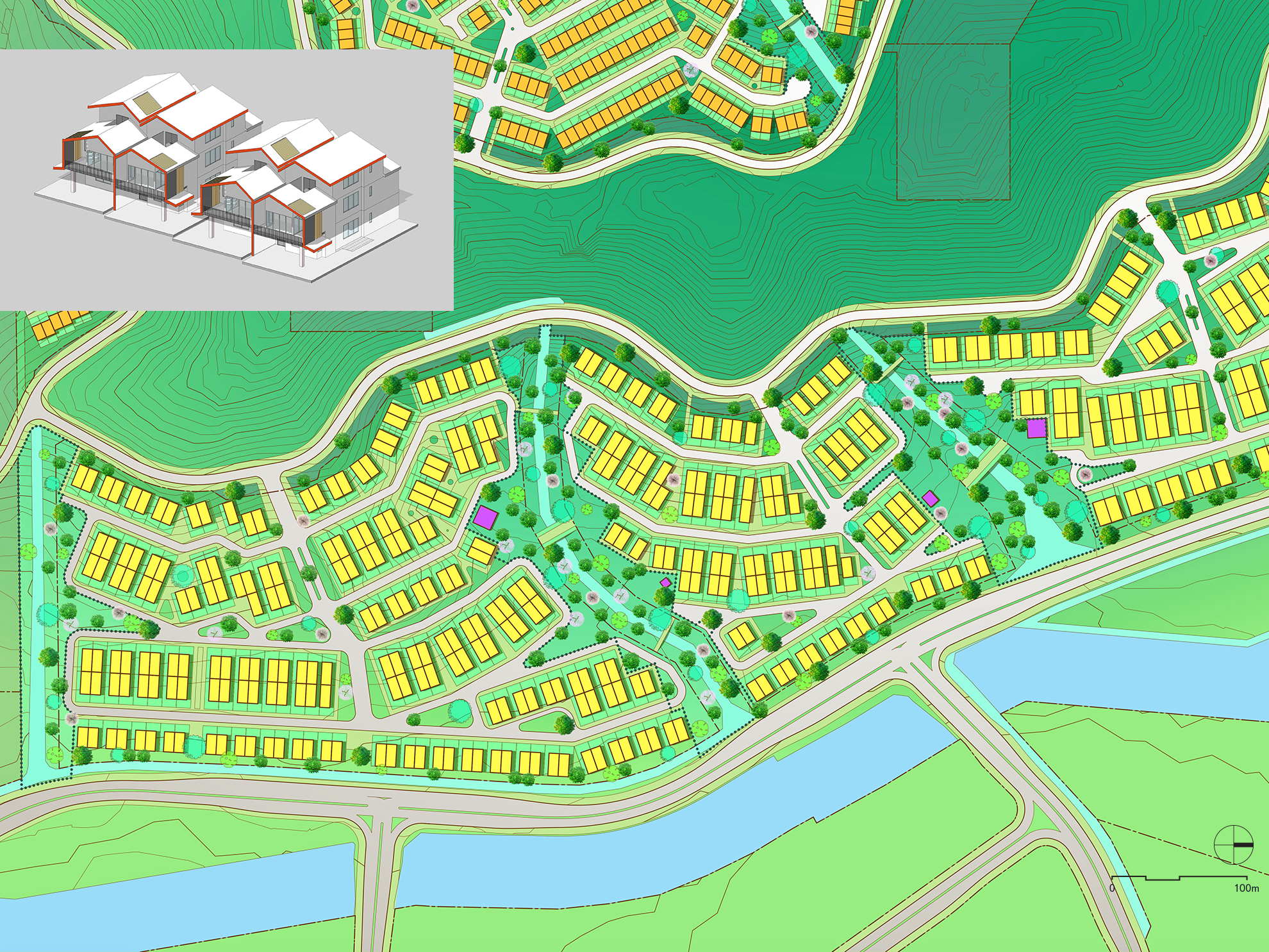 Colored masterplan parcels with townhouses and condo towers, showing how the rows of houses needs to ondulate around the twisting slopes and convoluted parcel shapes. 
                                                                Black and white version of a study where the rows are straighter, necessitating moving a lot of dirt to make the grades work, is overlaid in the upper left corner.