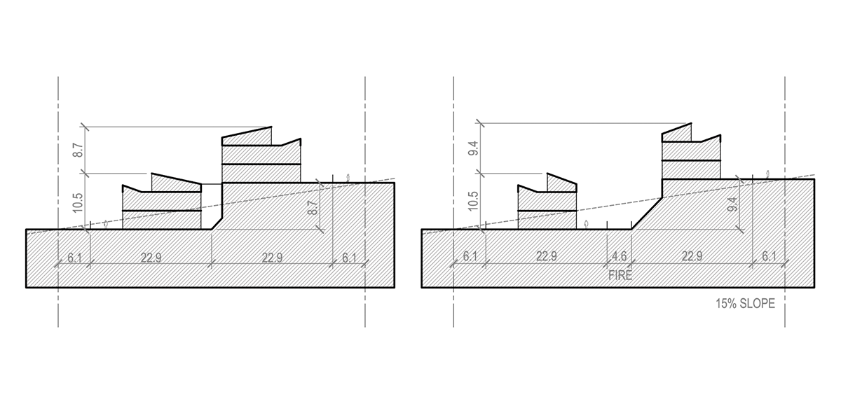 Schematic cross section studies through back-to-back properties at 15% grade slope, showing how the height and view relationships change when they are spaced different amounts apart.