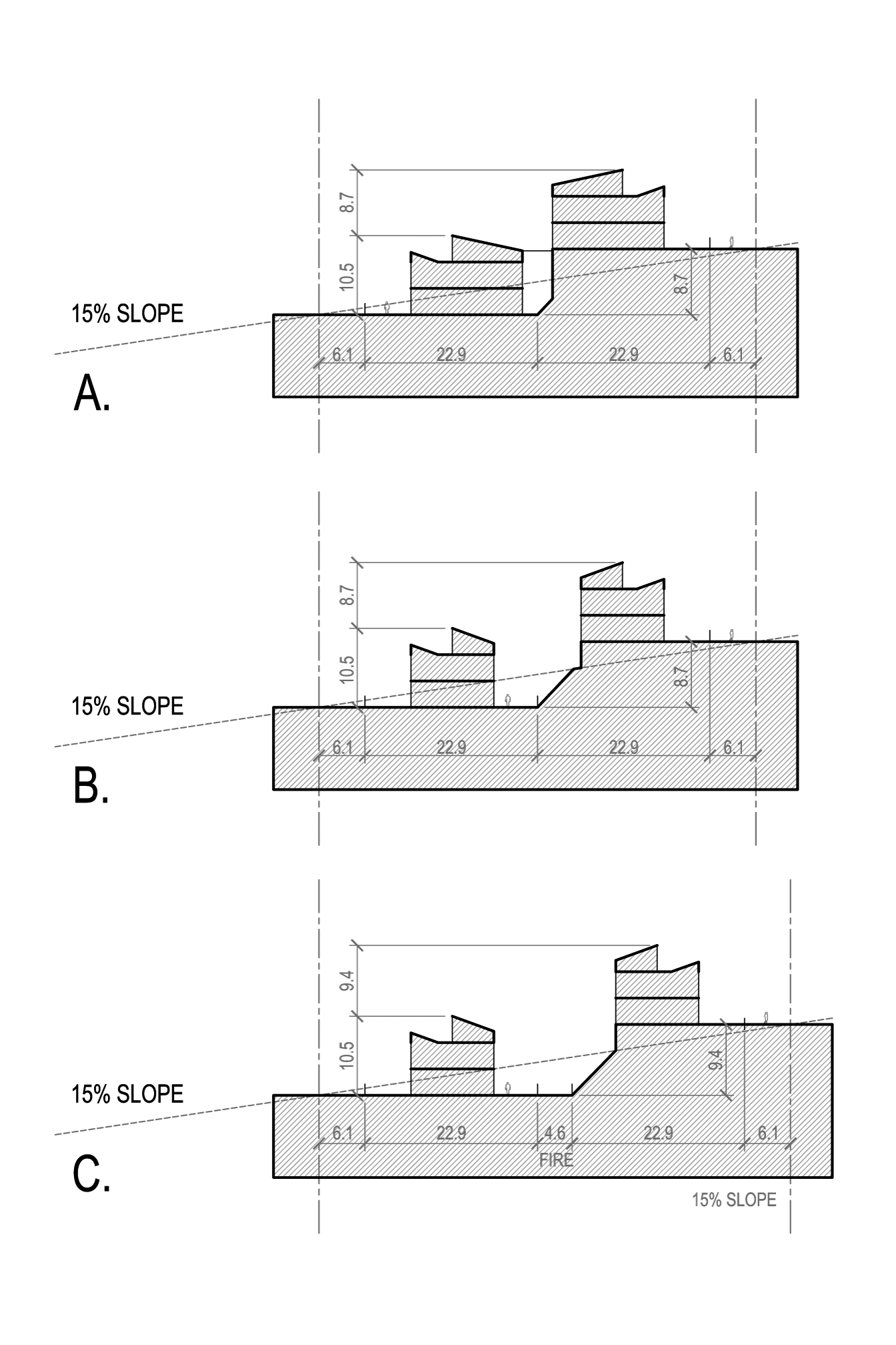 Schematic cross section studies through back-to-back properties at 15% grade slope, showing how the height and view relationships change when they are spaced different amounts apart.