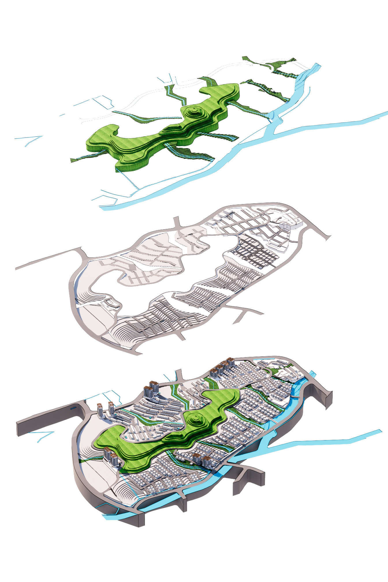 Exploded axonometric of the design layers on the hill, starting with the assembled design on the bottom, then pulling out above: streets, water ways, and common green spaces.