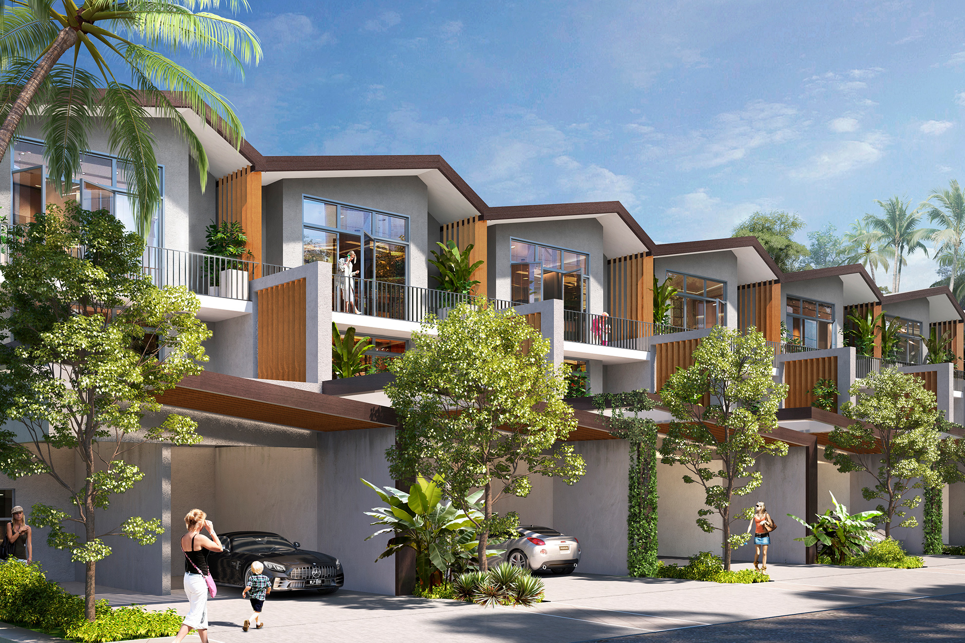 3D rendering of modern 2-story over garage townhouses with sloped A-frame roofs, balconies, wood-slat dividers between neighbors, and lots of greenery.