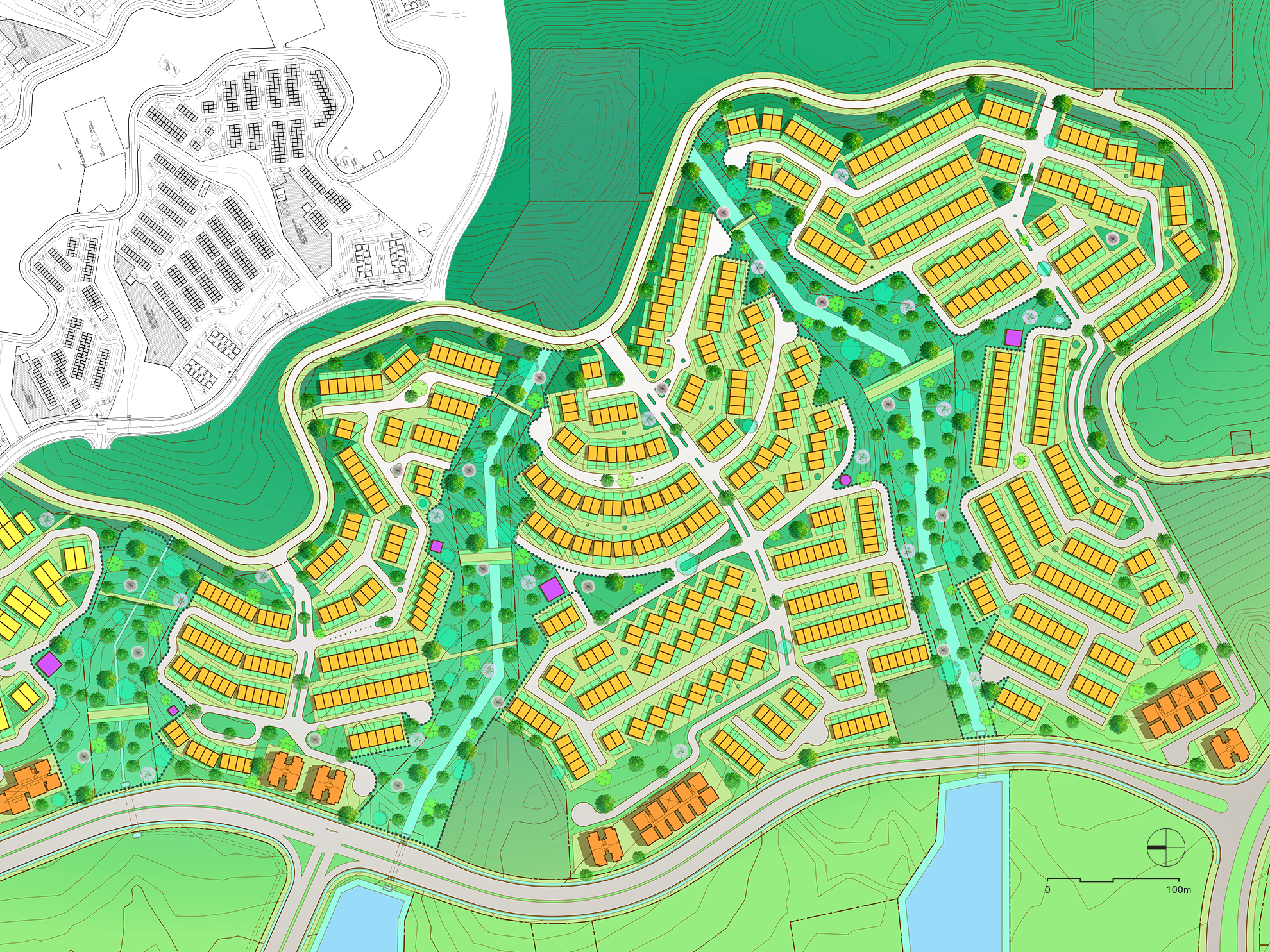 Colored masterplan parcels with townhouses and condo towers, showing how the rows of houses needs to ondulate around the twisting slopes and convoluted parcel shapes. 
                                                            Black and white version of a study where the rows are straighter, necessitating moving a lot of dirt to make the grades work, is overlaid in the upper left corner.
