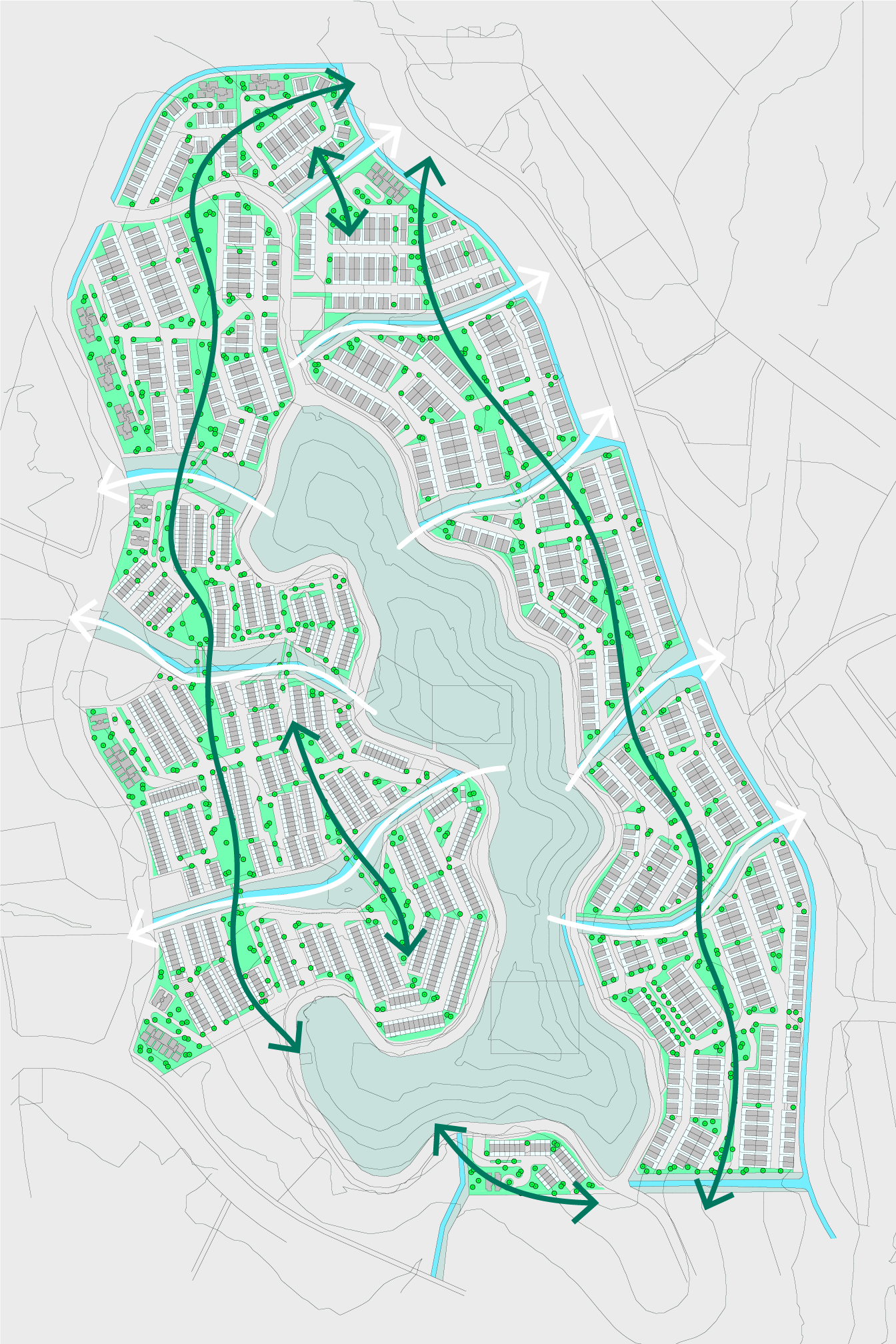 Colored plan diagram of the masterplan, an earlier version, highlighting the intersection of the ring of green spaces with continues through the parcels, intersecting the common areas along the drainage canals which come downhill.
