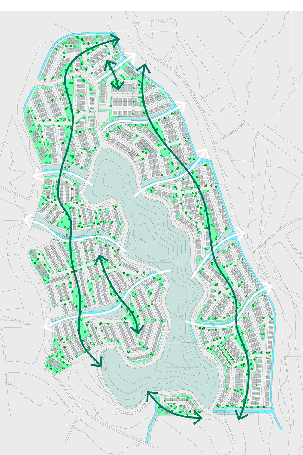 Colored plan diagram of the masterplan, an earlier version, highlighting the intersection of the ring of green spaces with continues through the parcels, intersecting the common areas along the drainage canals which come downhill.