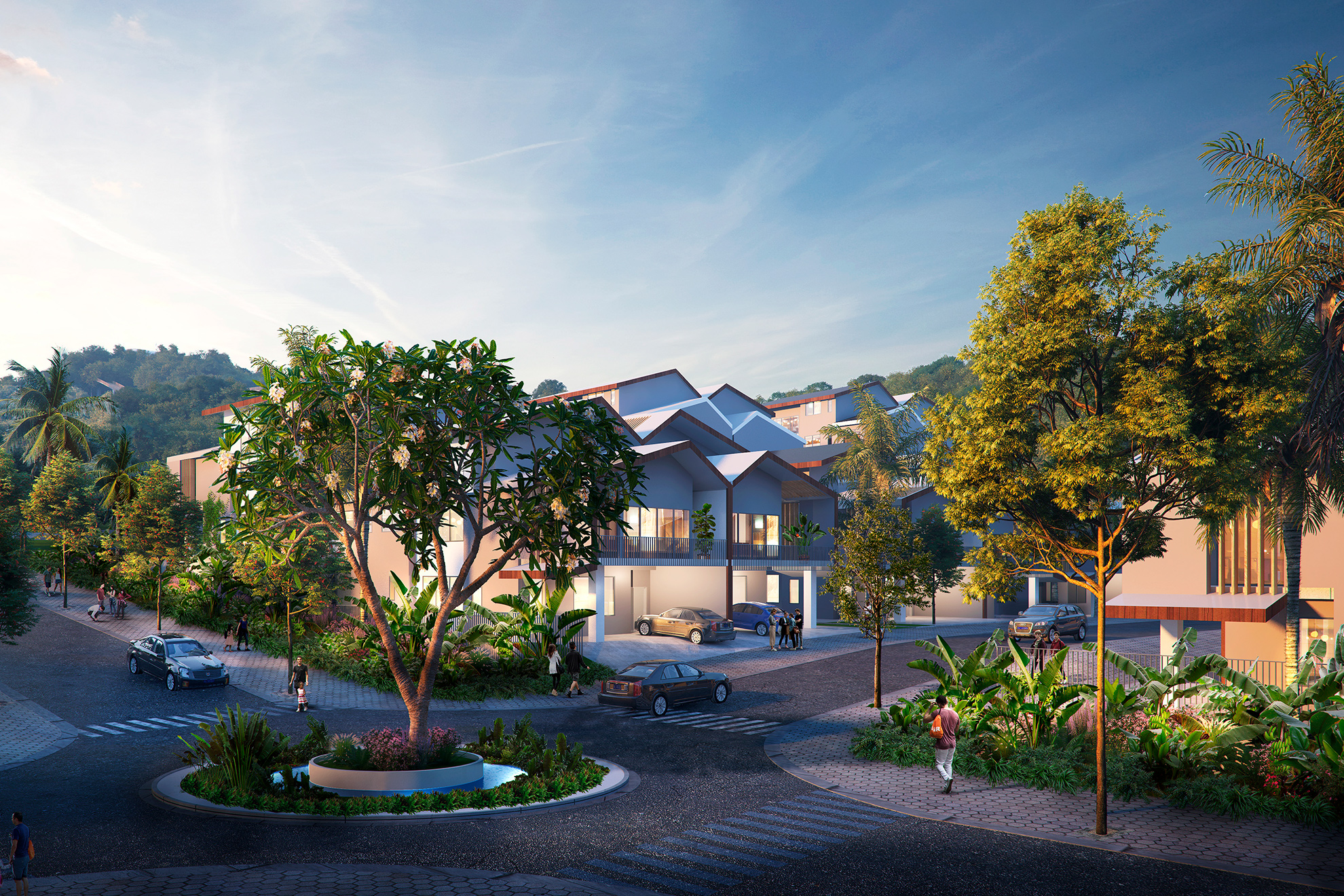 3D rendering of green intersection in housing development, with lush vegetation, small-scaled streets, and the sloped roofs of 2-3 modern housing peaking up beyond.