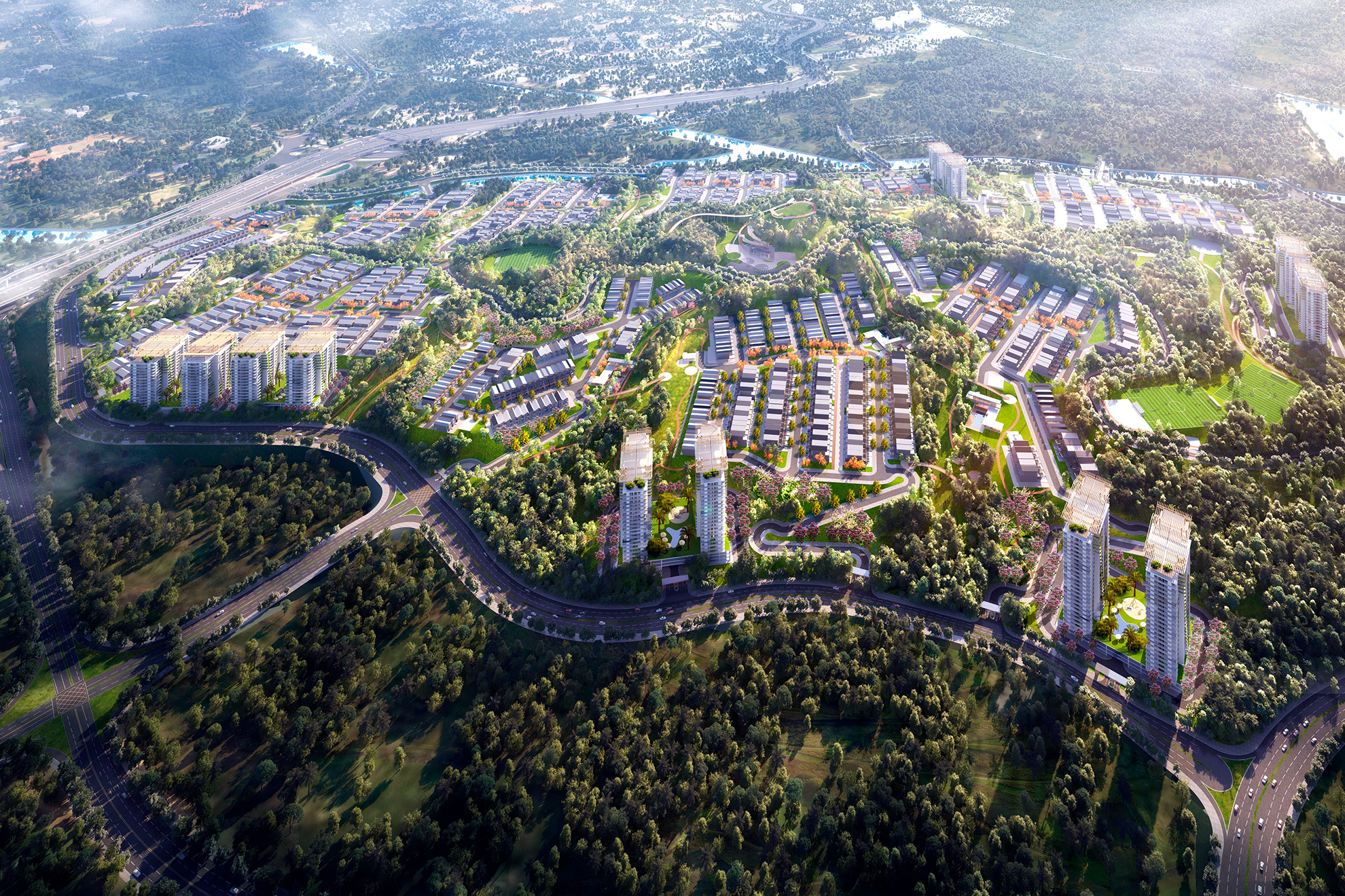 Aerial view of North End Parks, set between two large roads and Boston&rsquo;s red-brick clad North End, with two highways coming out from under them and headed underground again.
                                                        From south-west to north east, the parks geometry shows bands/zones of: trees, bushes and plants, green lawns, walk-in fountains, dark brown steel pergolas covering a very wide walkway, 
                                                        and plants again.