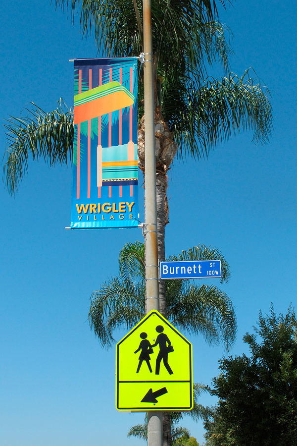 Art Deco architectural style street banner on Pacific Ave, Wrigley Village, Long Beach, CA