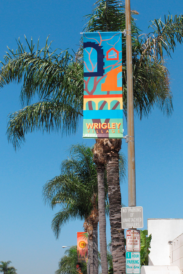 Spanish Colonial architectural style street banner on Pacific Ave, Wrigley Village, Long Beach, CA